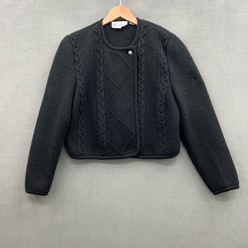 Brandon size 14 Pure Virgin Wool Cardigan Cable Sweater Black Snap Button